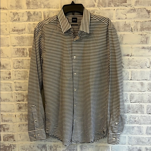 Hugo Boss Shirt Mens Sz Large Olive Green White Striped Business Casual Slim Fit - Picture 1 of 9